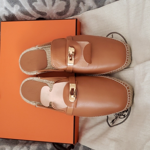 Hermes Espadrille Mule Brown Natural Goatskin Kelly Buckle size 40EU or 10US - Picture 9 of 17